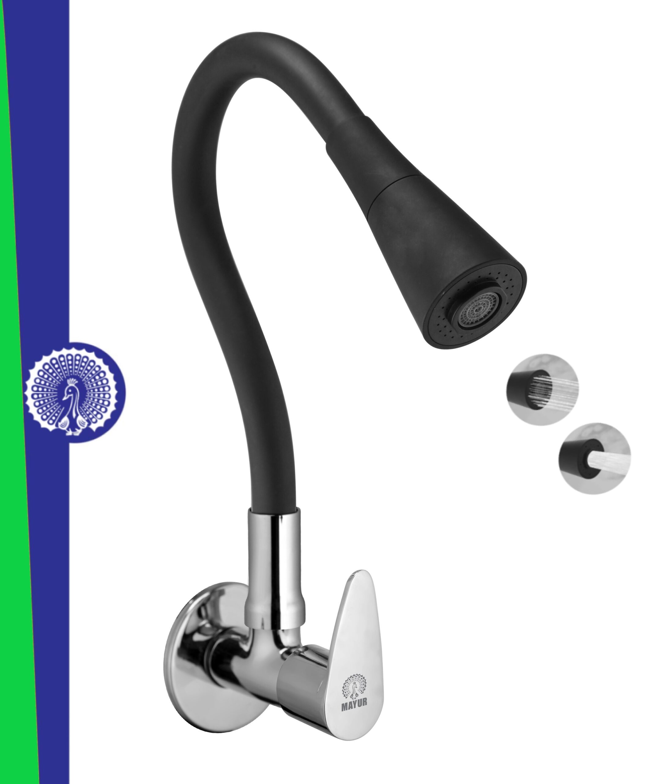MAYUR ÖCICH Brass Kitchen Sink Tap Faucet With Flexible Dual Flow Silicone Spout | 360 Swivel | Chrome & Matte Black Finish | Cold Water Wall Mounted Faucet With Flange | 10-Year Warranty (TRENDY)