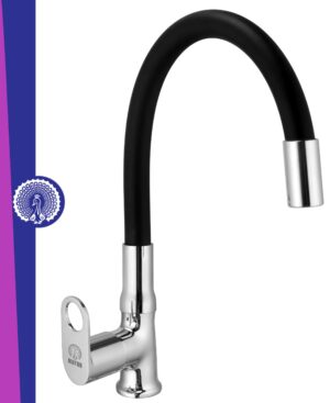 MAYUR ÖCICH Brass Swan Neck Kitchen Sink Tap With Flexible Silicone Swivel Spout | 360 Rotation | Cold Water Faucet | Chrome & Matte Black Finish | 10-Year Warranty