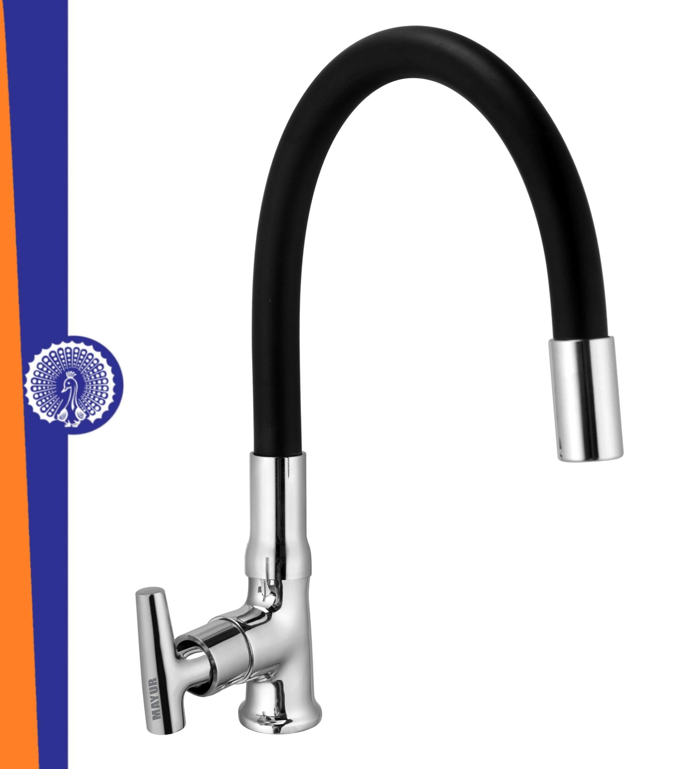 MAYUR ÖCICH Brass Swan Neck Kitchen Sink Tap With Flexible Silicone Swivel Spout | 360 Rotation | Cold Water Faucet | Chrome & Matte Black Finish | 10-Year Warranty
